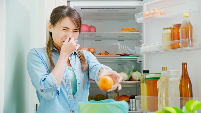 woman pulling food from fridge