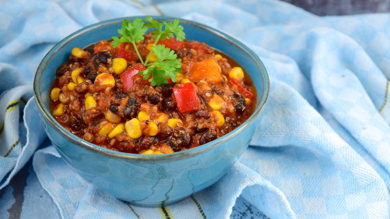 bean chili in blue bowl