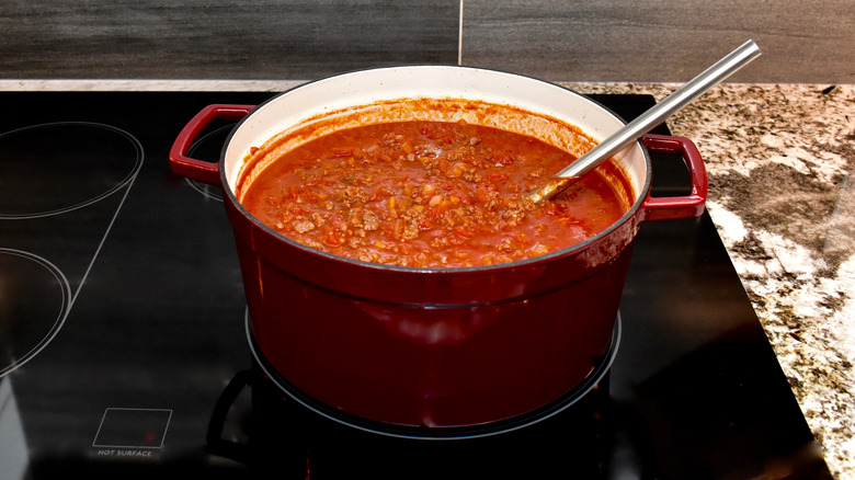 chili simmering on stovetop