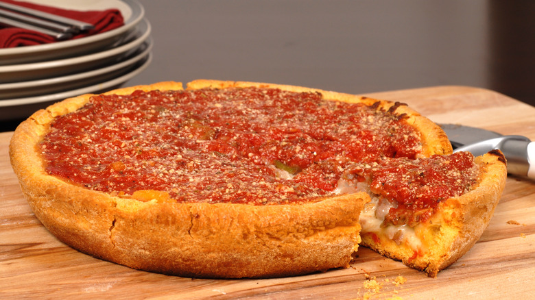 chicago deep dish with piece pulled out