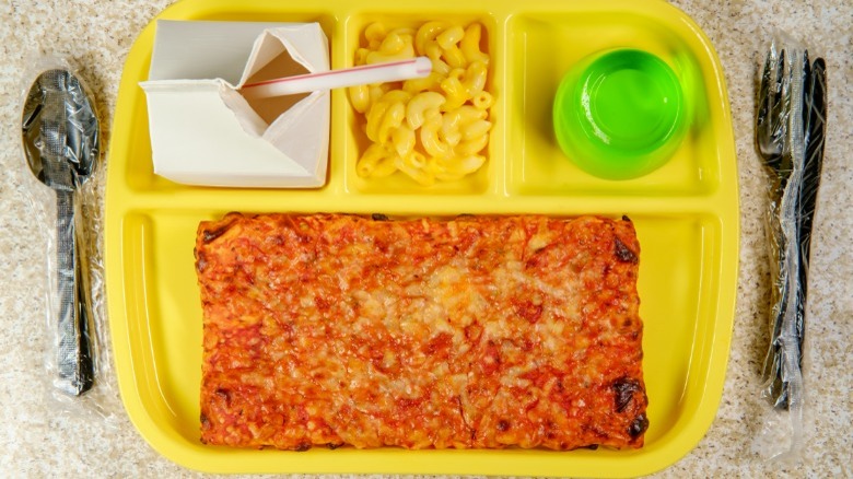 Frozen pizza on lunch tray