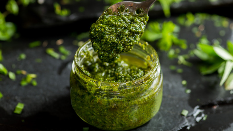 Jar of pesto sauce