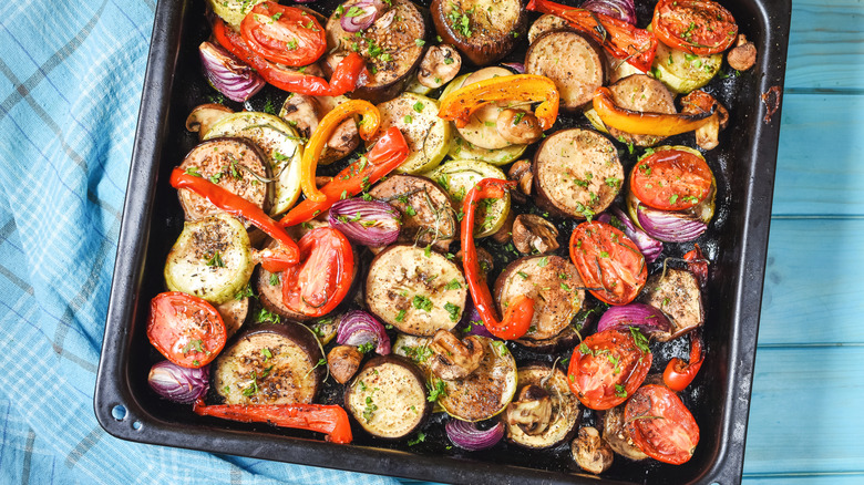 Roasted vegetables on baking tray