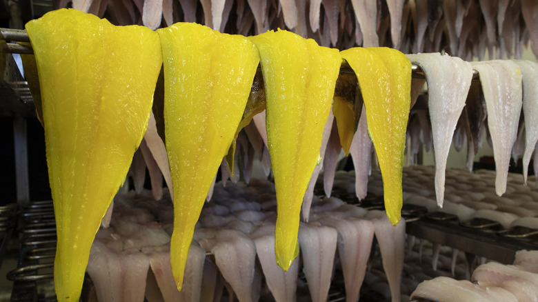 smoked haddock being hung