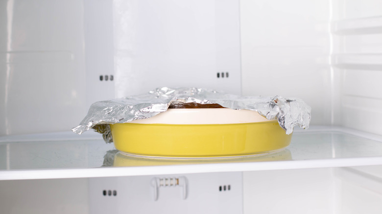 Baking dish in refrigerator