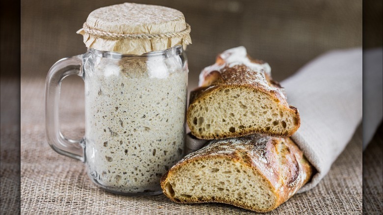 Sourdough starter next to bread