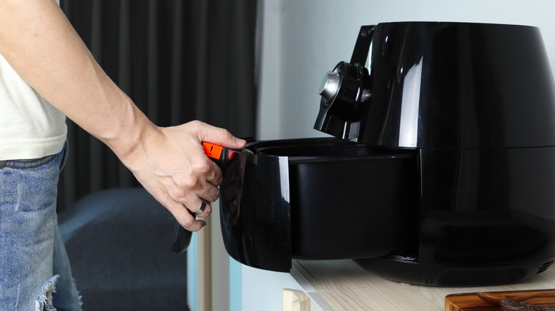 person holding open air fryer