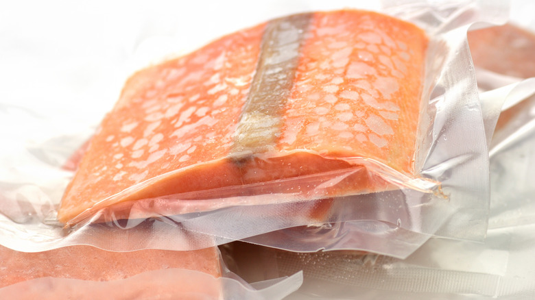 frozen salmon filets in vacuum packaging