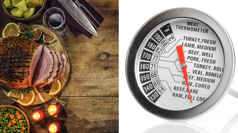 Cooked ham and meat thermometer