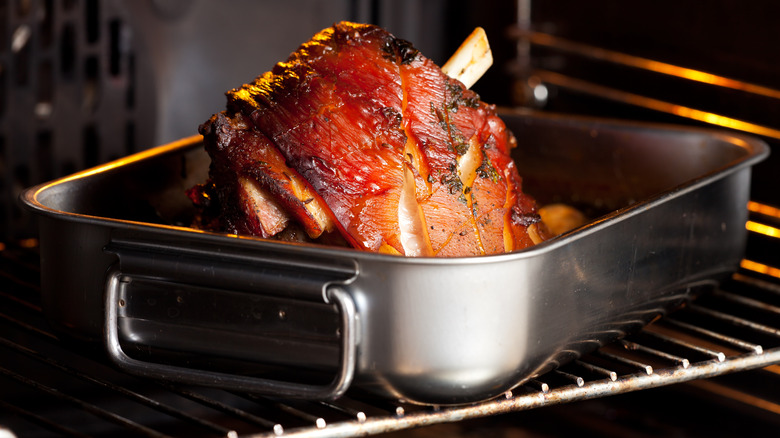 Bone-in ham in oven