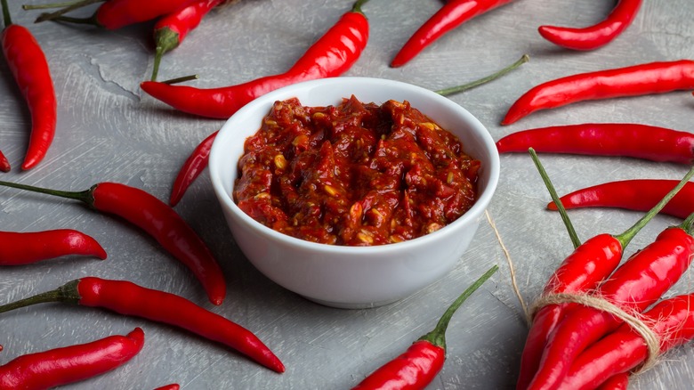 Harissa sauce in white bowl