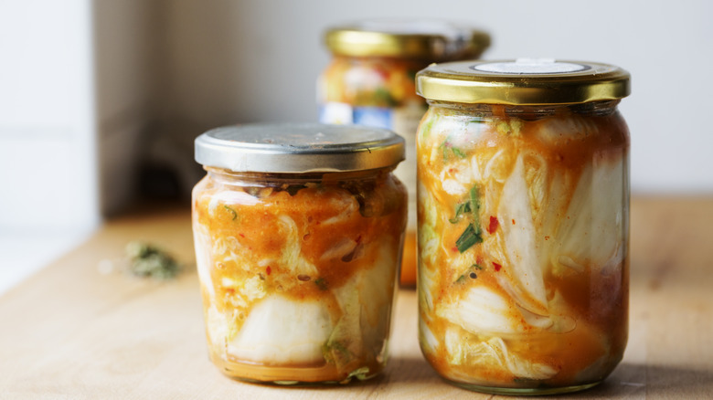 Homemade kimchi in glass jars