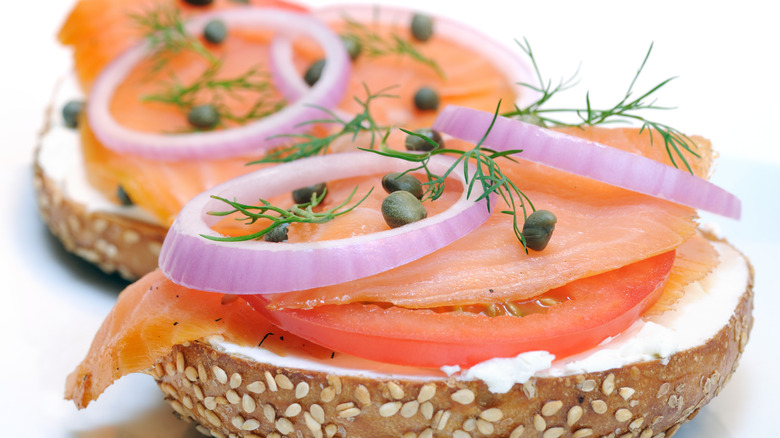 Smoked salmon and cream cheese on a bagel