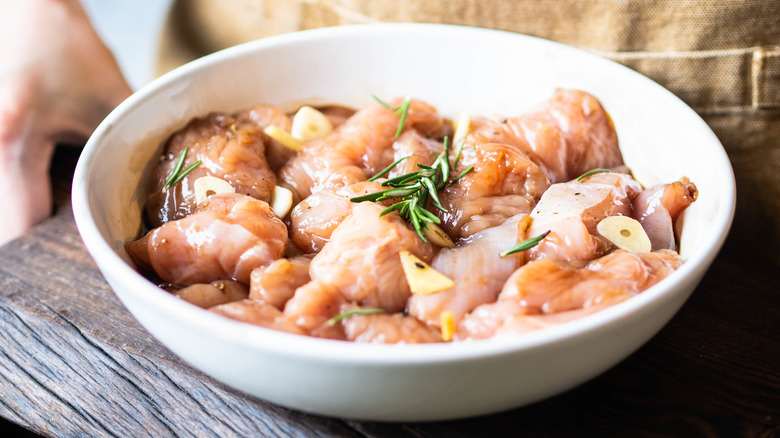 Marinated turkey in bowl