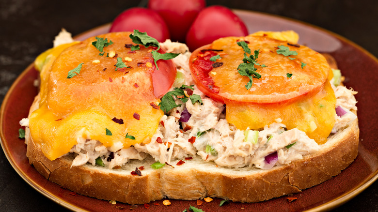 Open face tuna melt with tomato