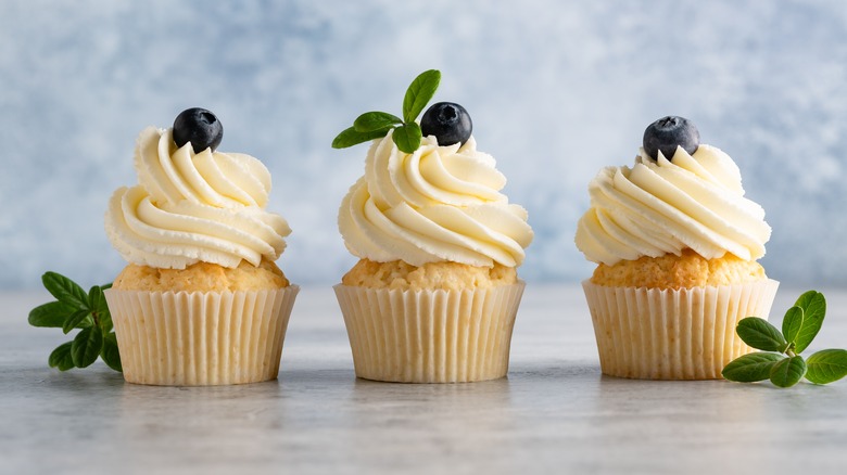 Three cupcakes topped with blueberry