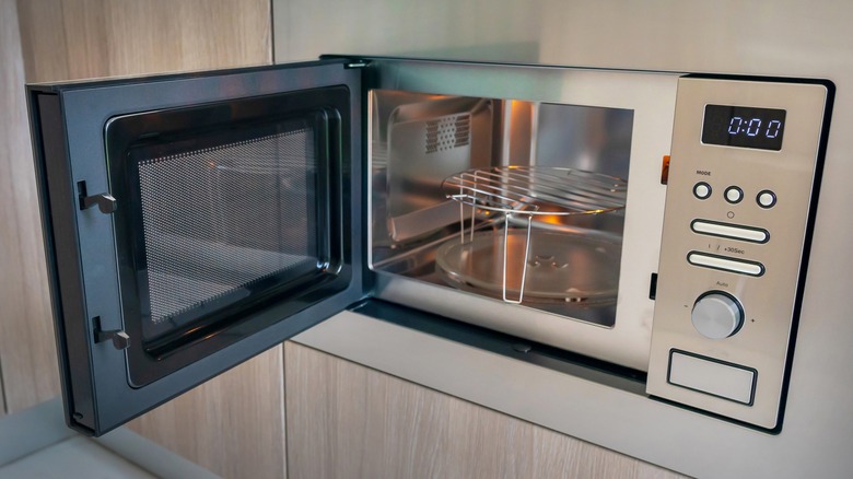 open microwave in kitchen