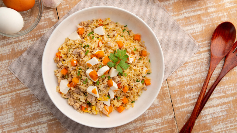 fried rice in white bowl