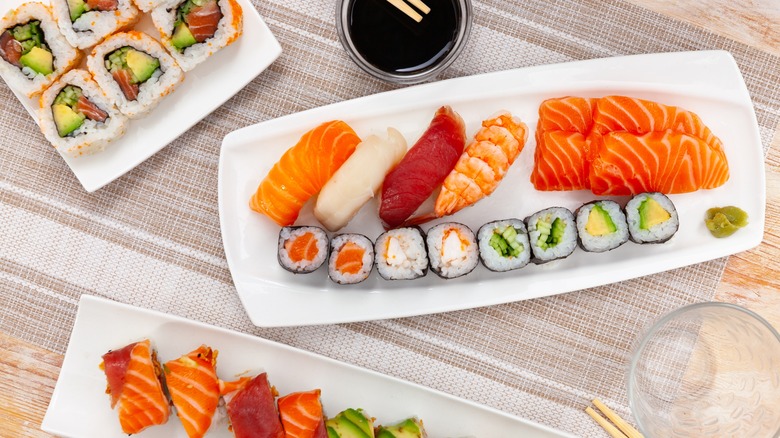 Selection of sushi on plates