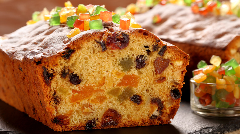 fruitcake loaf with colorful candies