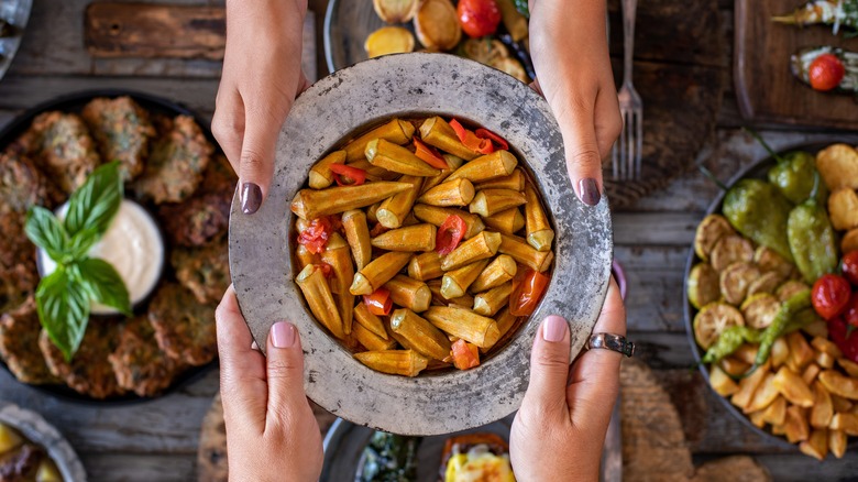 Bowl of cooked okra