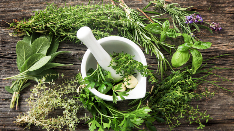 Piles of fresh herbs