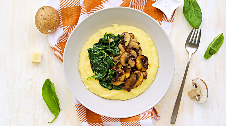 Mushrooms on grits in bowl