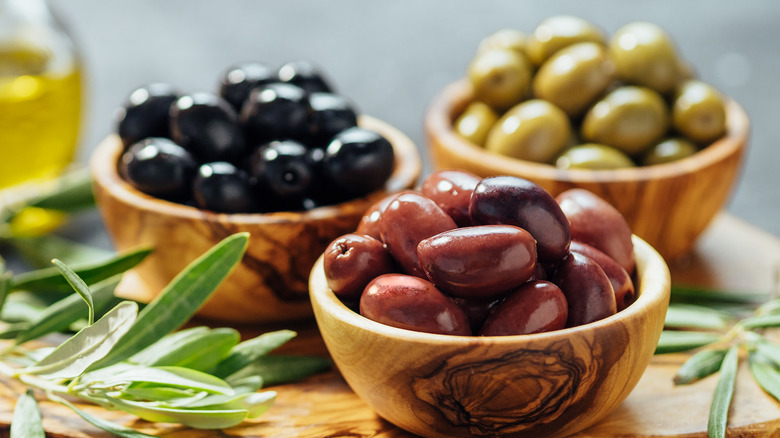 variety of olives in bowls