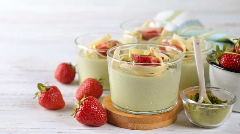 Matcha mousse with strawberries