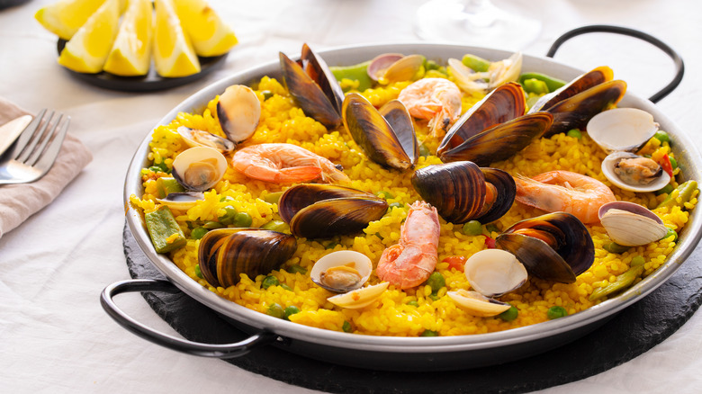 Seafood paella in pan