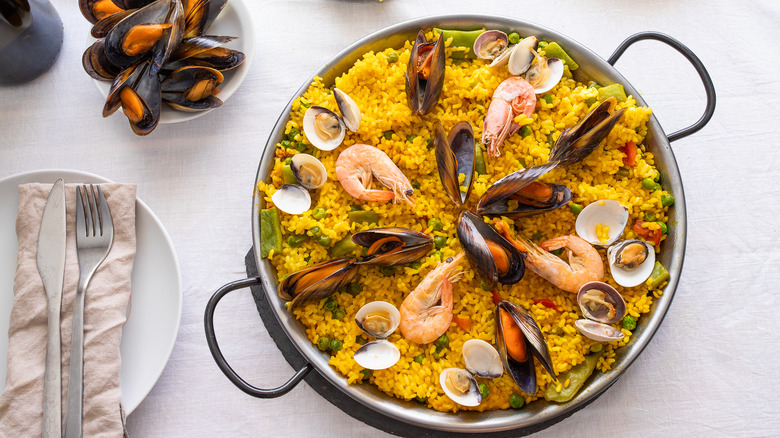 Seafood paella in pan