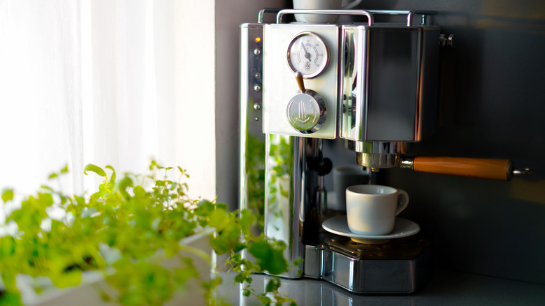 a shiny countertop espresso machine