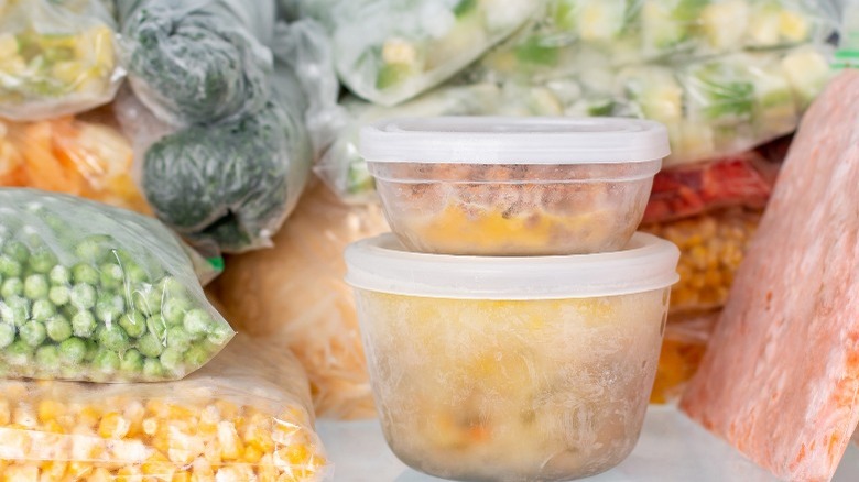 Packaged up foods in freezer