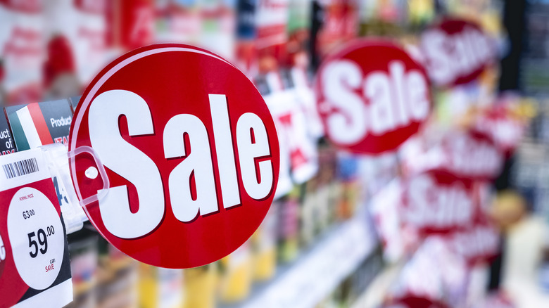 Sale signs at grocery store