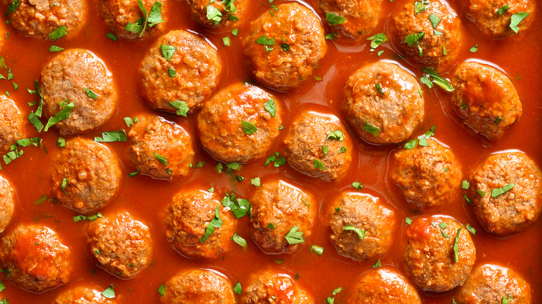 Closeup meatballs in red sauce