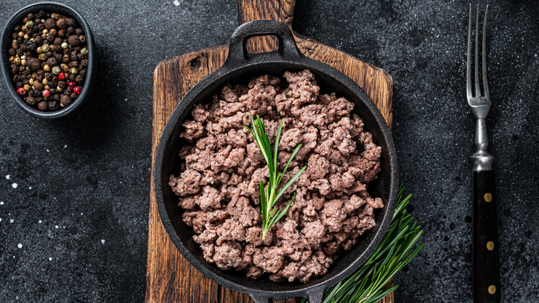 cooked beef in skillet