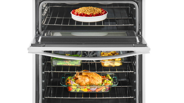 Assorted foods on oven shelves