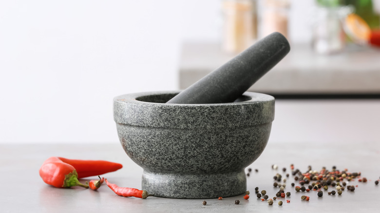 Mortar and pestle on counter