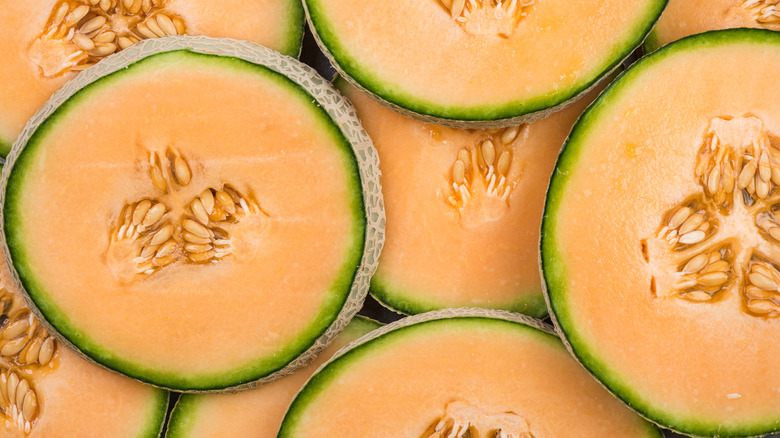 Close-up of cantaloupes sliced in half