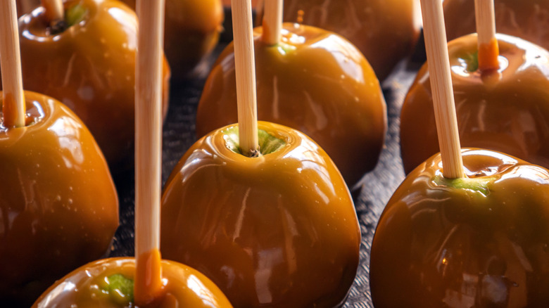 Close-up on rows of caramel apples