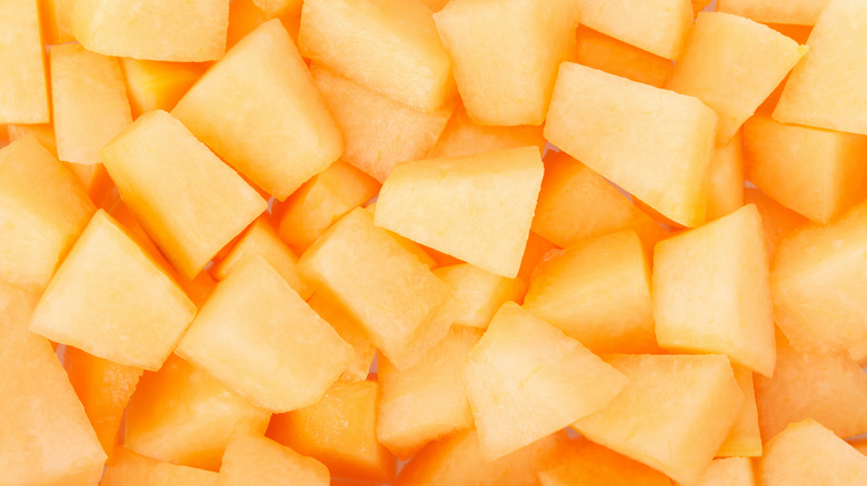 Close-up on cubes of cantaloupe