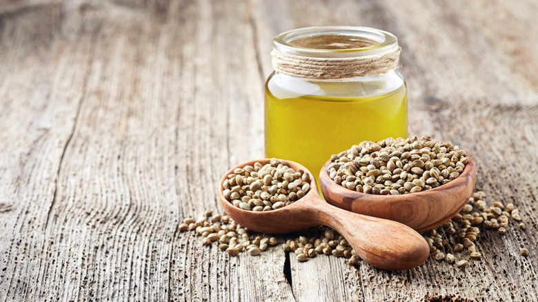 rustic jar of hempseed oil