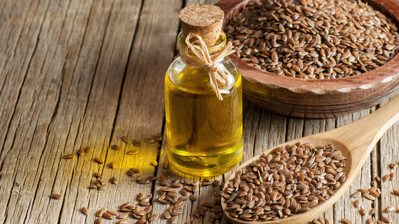 rustic bottle of flaxseed oil