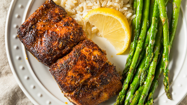 blackened fish, rice, and asparagus