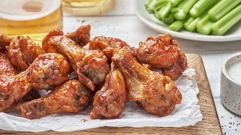 buffalo wings on wooden platter