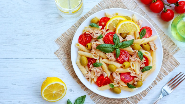 Pasta salad on white bowl