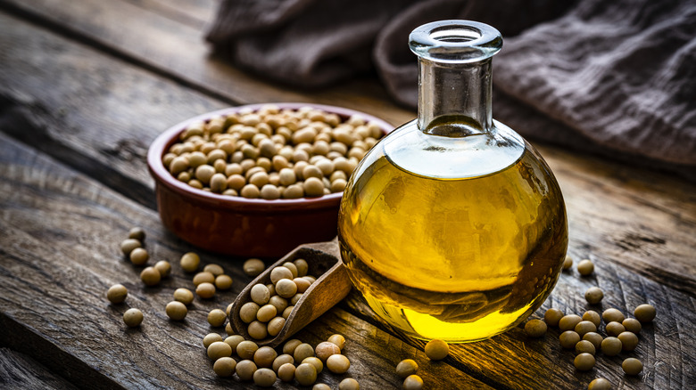 Golden vegetable oil in decanter