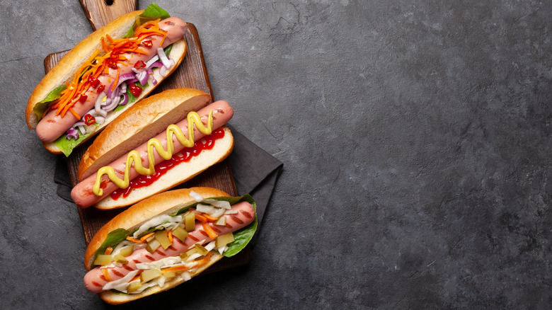 Three American-style hot dogs