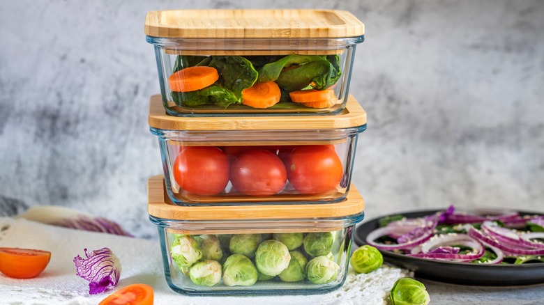 prepared vegetables in glass containers