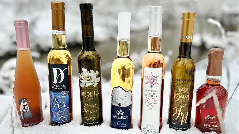 ice wine bottles in snow